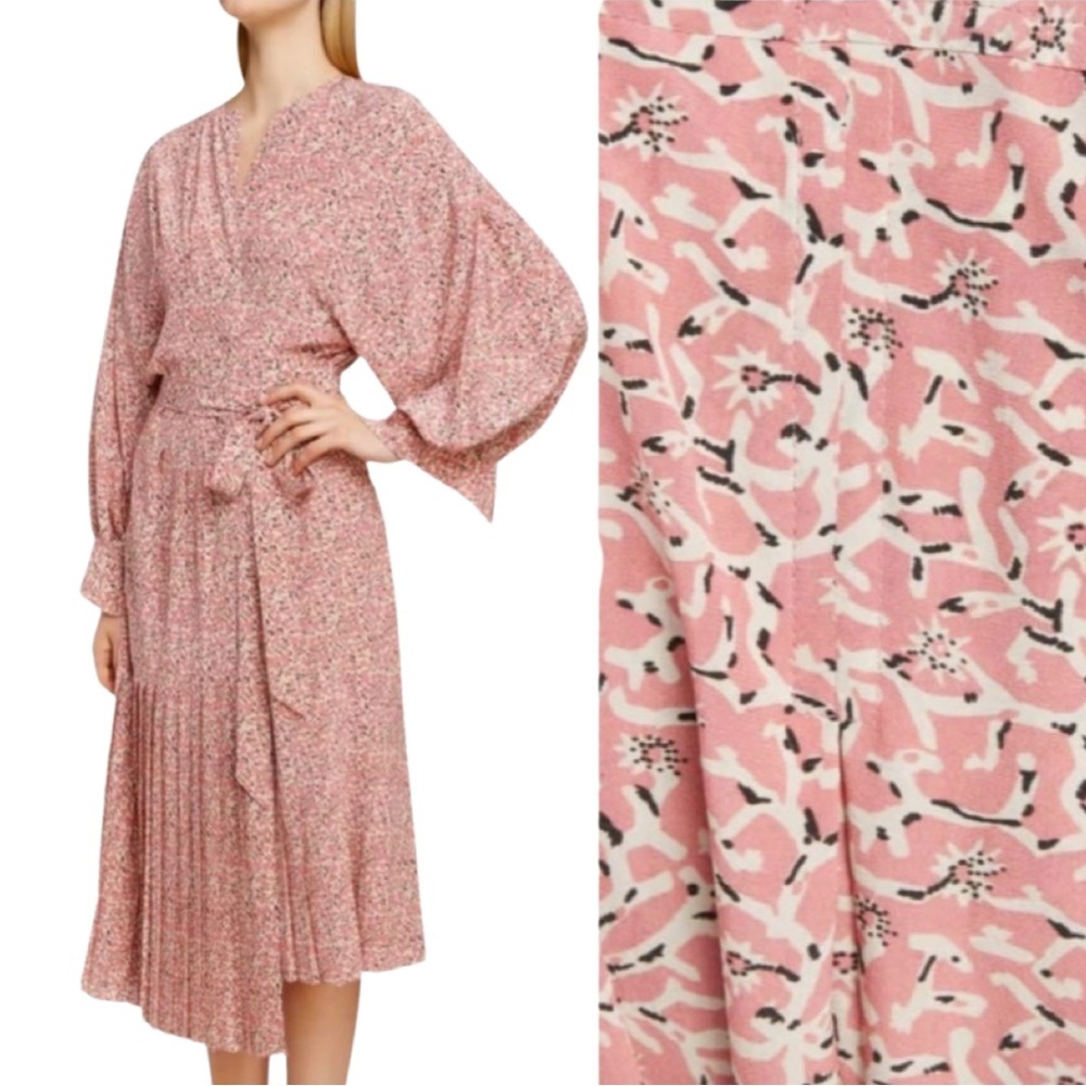 NWT ISABEL MARANT Alexandra Silk Pink Floral Print Midi Wrap Dress Pleated 38/6